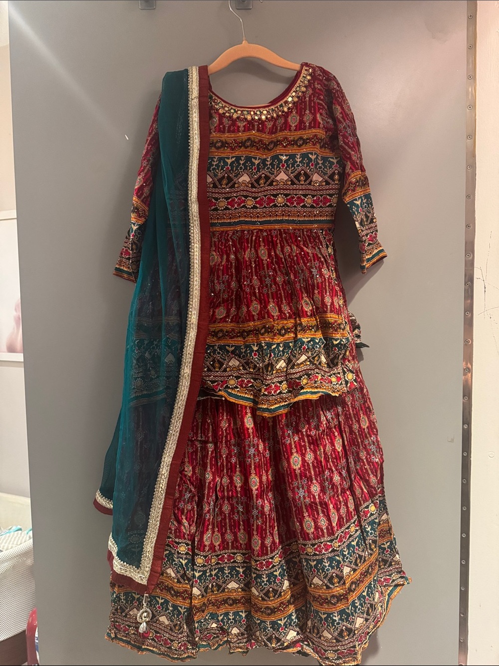 Girls Red & Teal Embroidered lengha with Dupatta